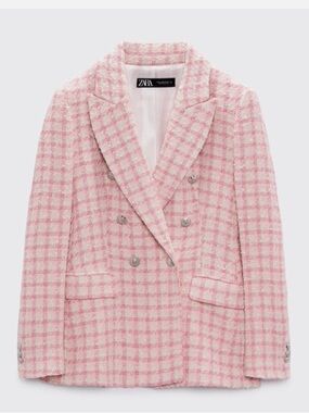 Zara Pink Tweed Textured Double-breasted Blazer size L